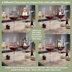 Four watercolor dog costumes on personalized 16 oz wine glasses: witch, vampire, ghost and mummy designs