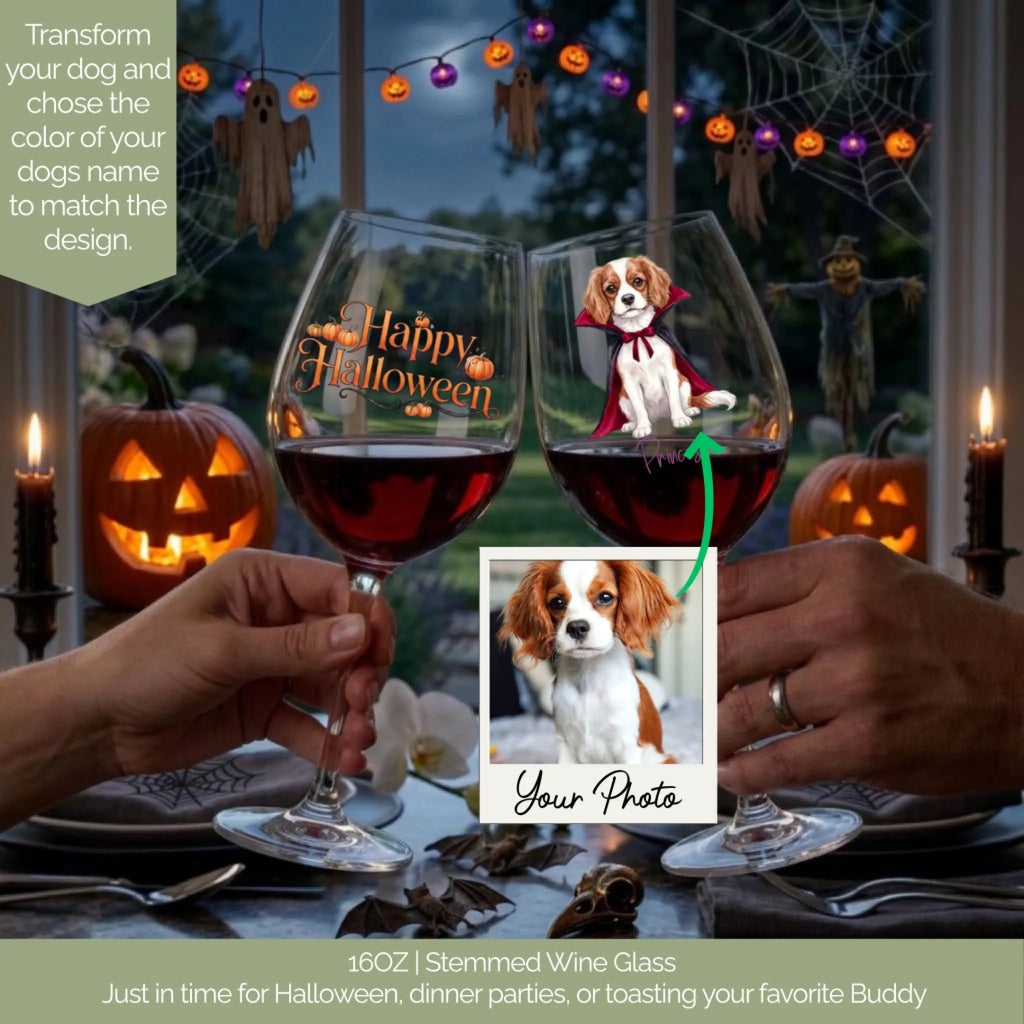 Custom 16 oz wine glass made from your dog's photo: Cavalier as a vampire, toasting at a Halloween dinner