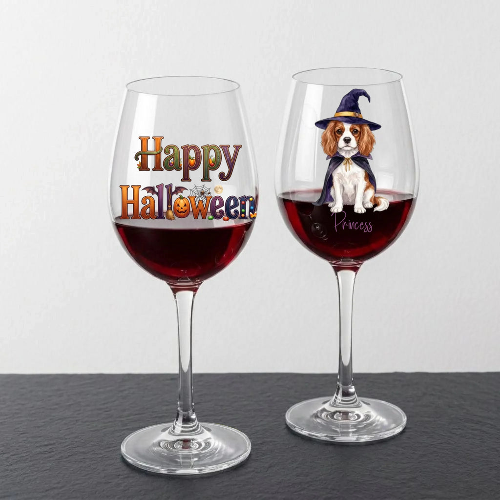 Personalized Halloween dog stemmed wine glasses: Happy Halloween design and witch dog glass with pet's name