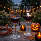 Witch dog and Happy Halloween wine glasses on an outdoor table with a jack-o'-lantern and candles