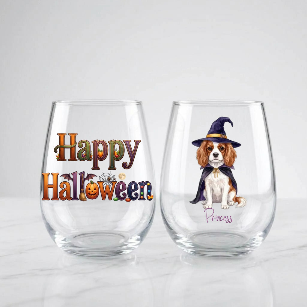 Personalized Halloween dog stemless wine glasses: Happy Halloween design and witch dog glass with pet's name