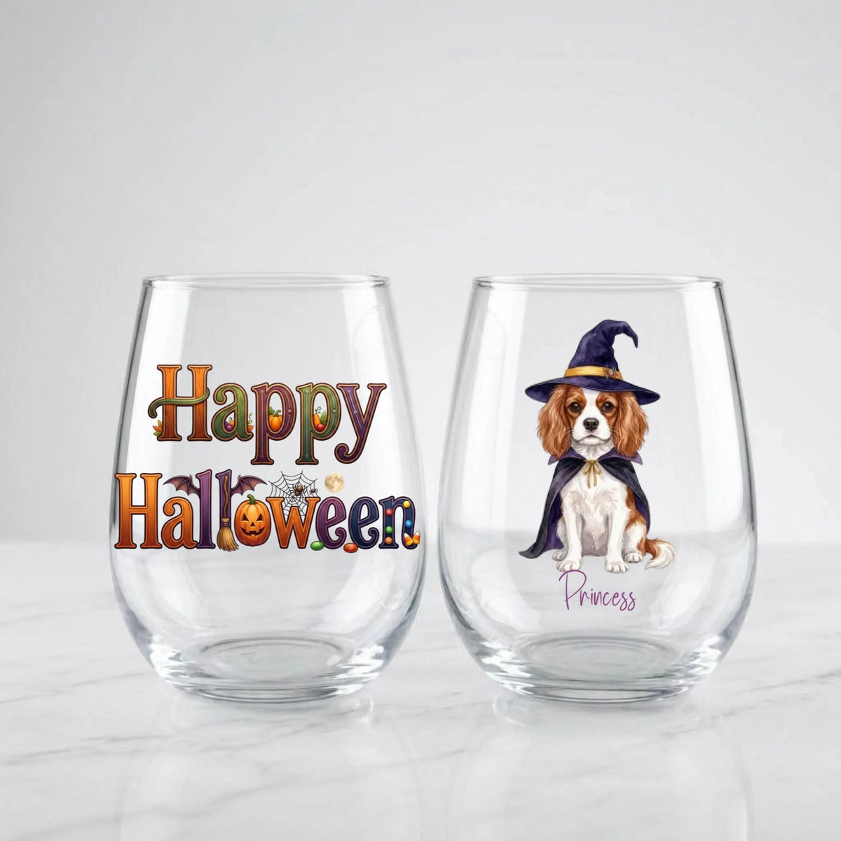 Personalized Halloween dog stemless wine glasses: Happy Halloween design and witch dog glass with pet's name