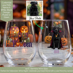 Custom stemless wine glass made from your dog's photo: black Lab as a vampire, name in five color choices