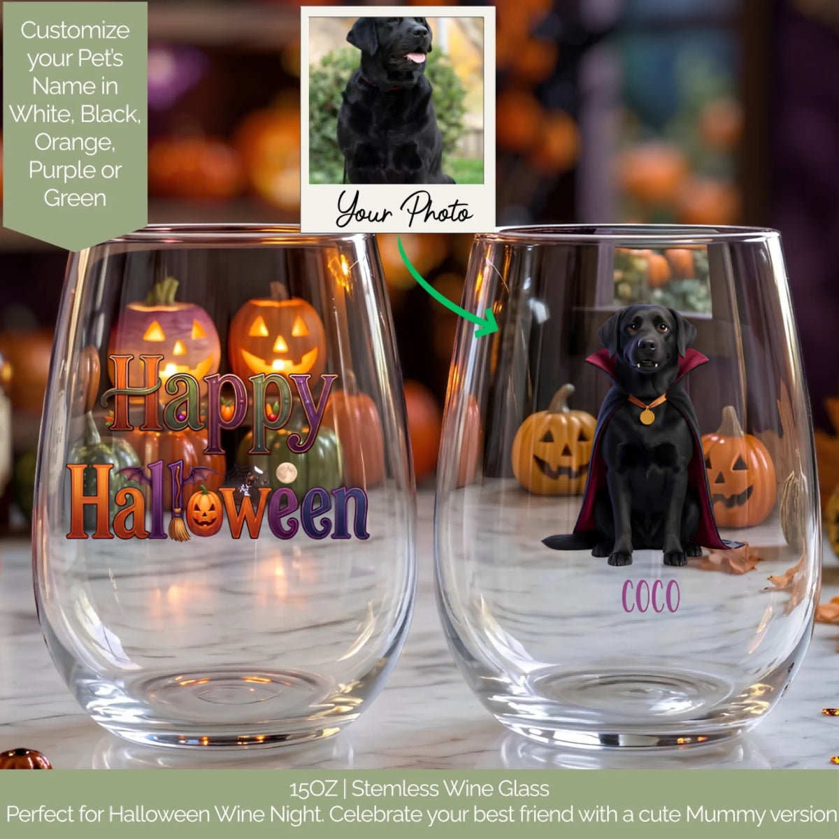Custom stemless wine glass made from your dog's photo: black Lab as a vampire, name in five color choices