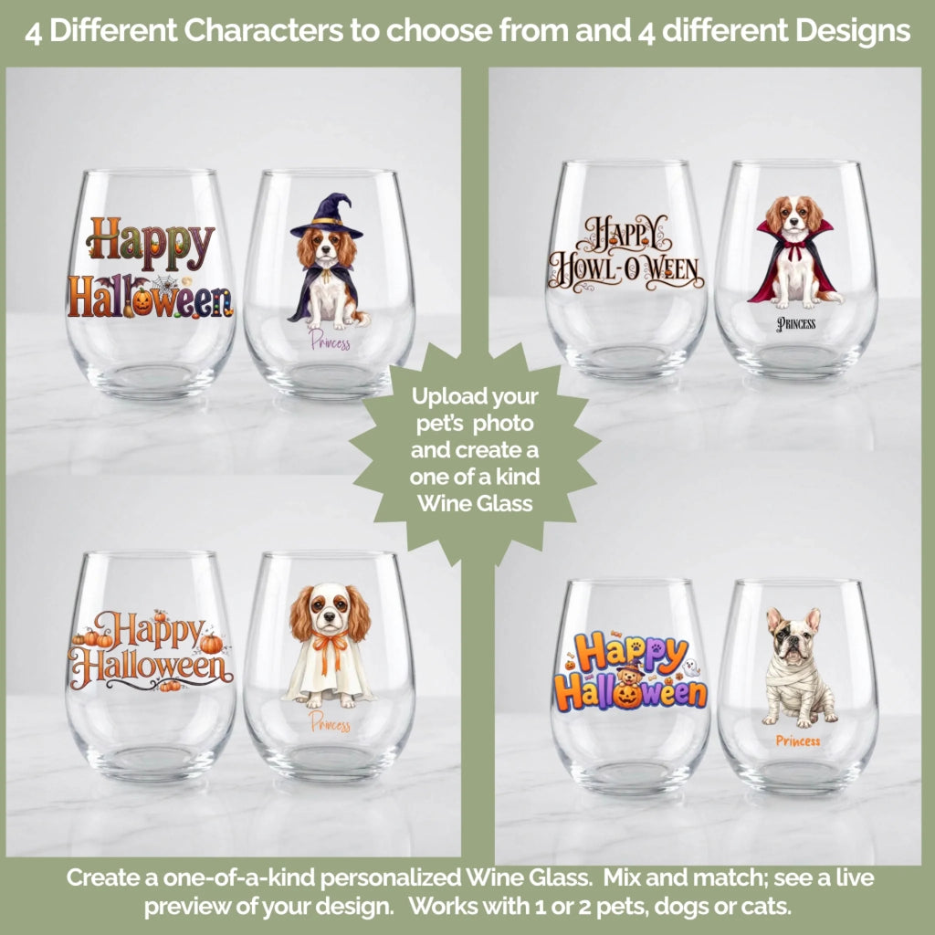 Four dog costume choices on personalized Halloween wine glasses: witch, vampire, ghost and mummy designs