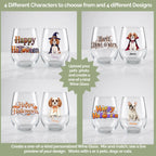 Four dog costume choices on personalized Halloween wine glasses: witch, vampire, ghost and mummy designs