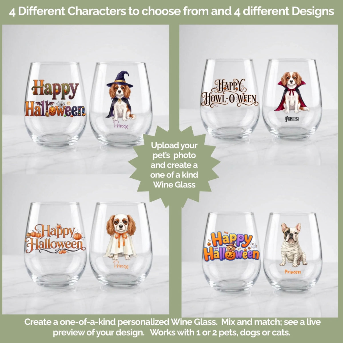 Four dog costume choices on personalized Halloween wine glasses: witch, vampire, ghost and mummy designs