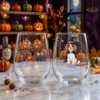 Halloween dog wine glass pair styled with jack-o'-lanterns and pumpkins, witch Cavalier with custom name
