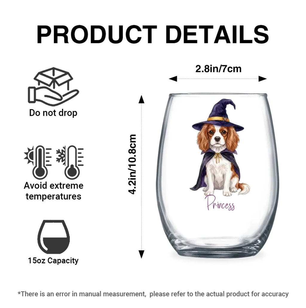 Personalized dog stemless wine glass size chart: 15 oz, 4.2 in tall, 2.8 in wide, with care instructions