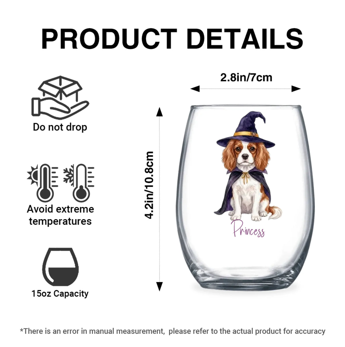 Personalized dog stemless wine glass size chart: 15 oz, 4.2 in tall, 2.8 in wide, with care instructions