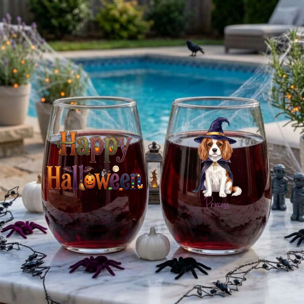 Personalized Halloween dog wine glasses with red wine at a spooky poolside party with spiders and crows