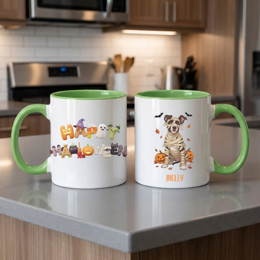 Light green handle Halloween mugs: Happy Halloween design and personalized mummy dog mug, on a modern kitchen counter