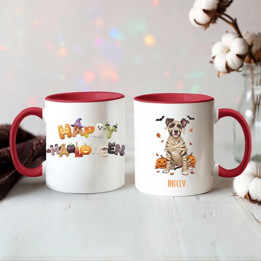 Red handle Halloween mugs: Happy Halloween design and personalized mummy dog mug, styled with cotton stems