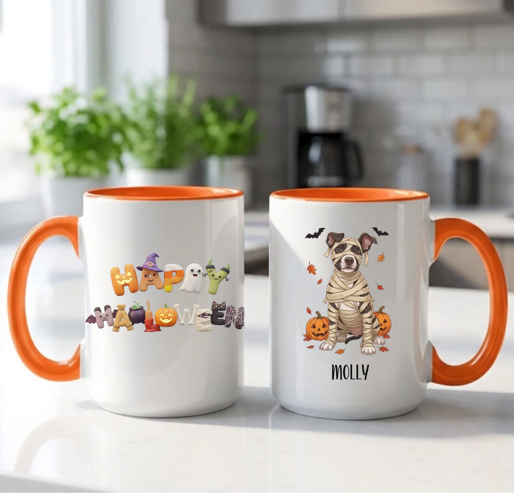 Orange handle Halloween mugs: Happy Halloween design and personalized mummy dog mug, in a bright kitchen