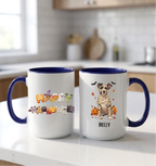 Midnight blue handle Halloween mugs: Happy Halloween design and personalized mummy dog mug, on a white kitchen counter