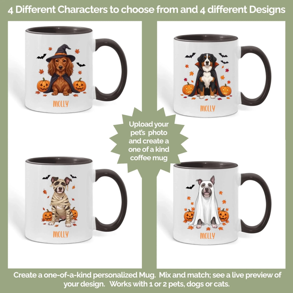 Four dog costume choices on personalized Halloween coffee mugs: witch, vampire, ghost and mummy designs