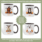 Four dog costume choices on personalized Halloween coffee mugs: witch, vampire, ghost and mummy designs