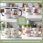Four Halloween mug designs including Happy Halloween and Happy Howl-O-Ween, 11 oz or 15 oz with handle choices