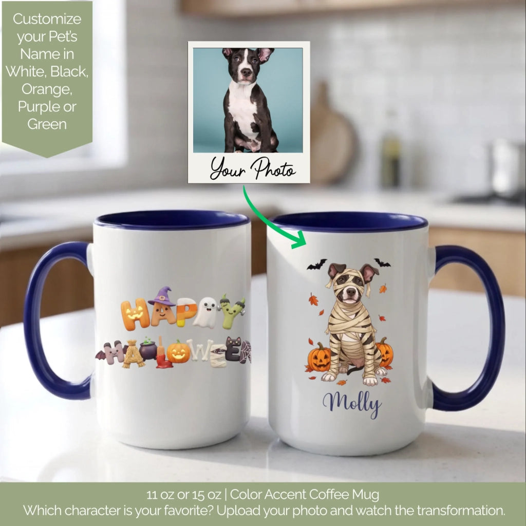 Custom Halloween coffee mug made from your pet's photo, midnight blue handle, name in five color choices