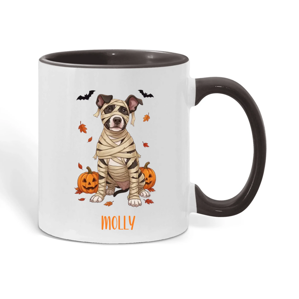 Personalized mummy dog Halloween color accent mug with black handle and custom pet name