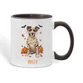 Personalized mummy dog Halloween color accent mug with black handle and custom pet name