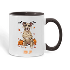 Personalized mummy dog Halloween color accent mug with black handle and custom pet name