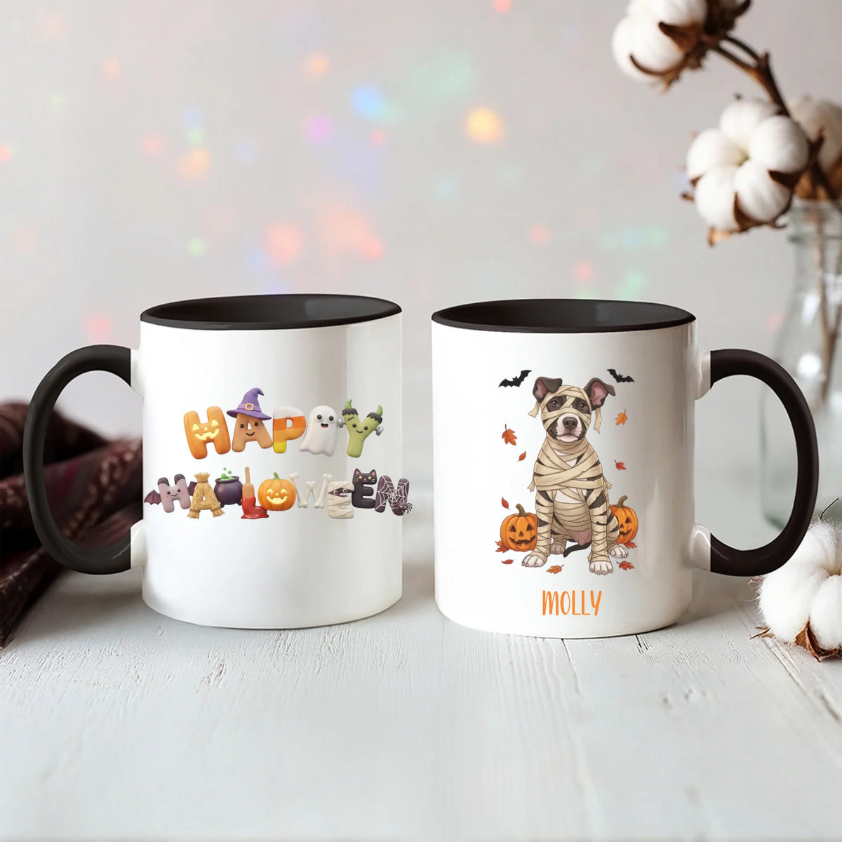 Black handle Halloween mugs: Happy Halloween design and personalized mummy dog mug, styled with cotton stems