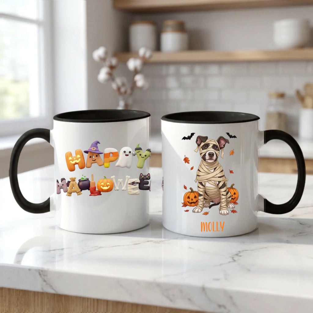 Black handle Halloween mugs: Happy Halloween design and personalized mummy dog mug, on a marble kitchen counter