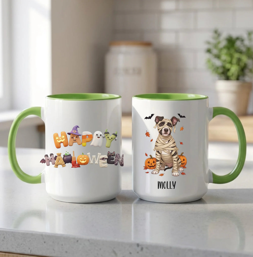 Light green handle Halloween mugs: Happy Halloween design and personalized mummy dog mug, on a kitchen counter