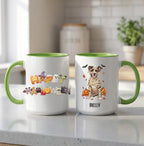 Light green handle Halloween mugs: Happy Halloween design and personalized mummy dog mug, on a kitchen counter