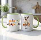 Light green handle Halloween mugs: Happy Halloween design and personalized mummy dog mug, on a sunny kitchen counter