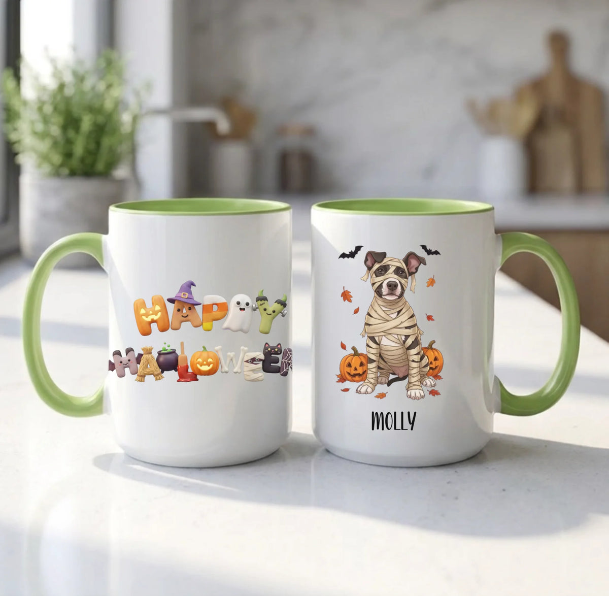 Light green handle Halloween mugs: Happy Halloween design and personalized mummy dog mug, on a sunny kitchen counter