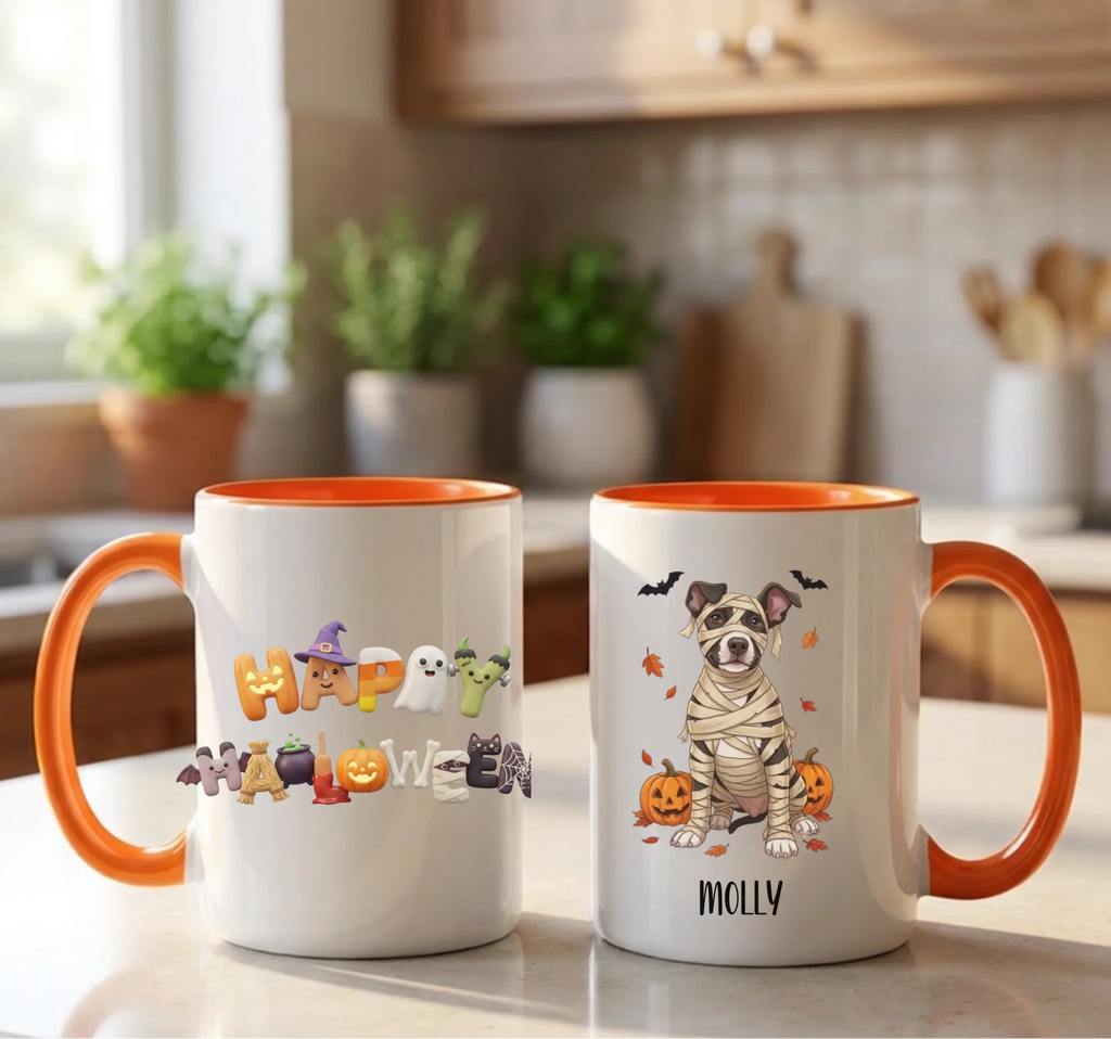 Orange handle Halloween mugs: Happy Halloween design and personalized mummy dog mug, in a warm wood kitchen