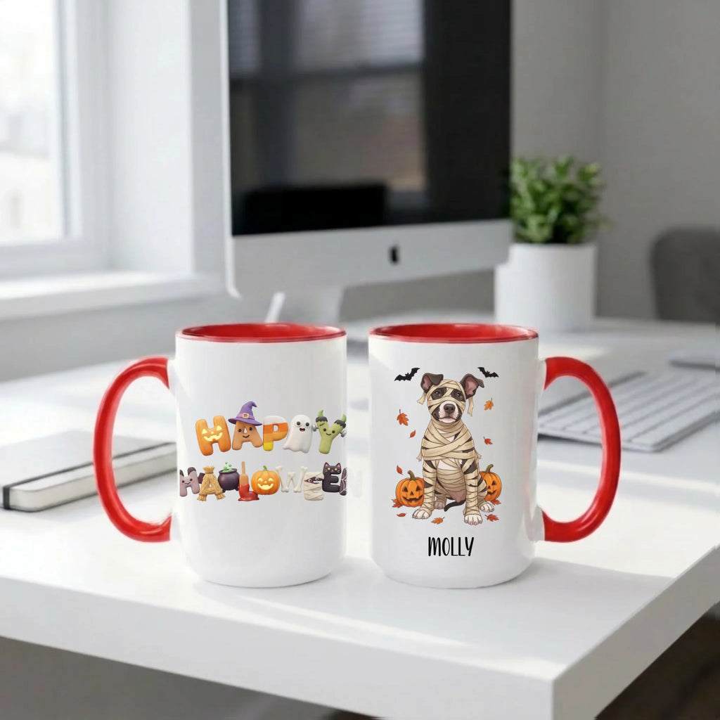 Red handle Halloween mugs: Happy Halloween design and personalized mummy dog mug, on a home office desk