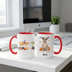 Red handle Halloween mugs: Happy Halloween design and personalized mummy dog mug, on a home office desk