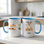 Light blue handle Halloween mugs: Happy Halloween design and personalized mummy dog mug, on a white kitchen counter