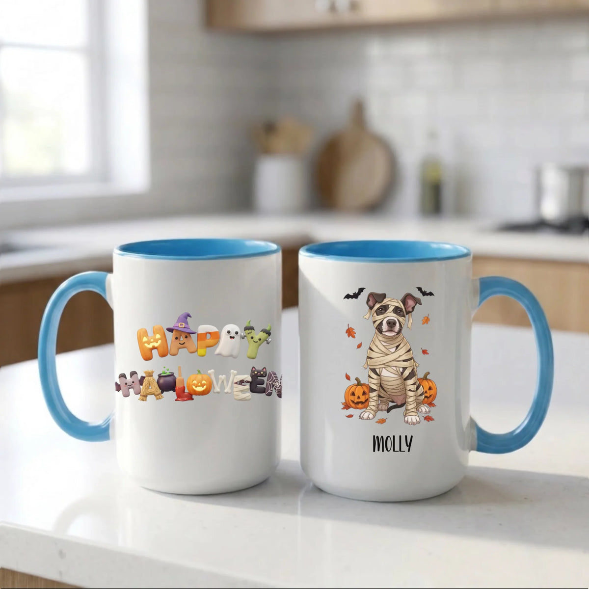 Light blue handle Halloween mugs: Happy Halloween design and personalized mummy dog mug, on a white kitchen counter