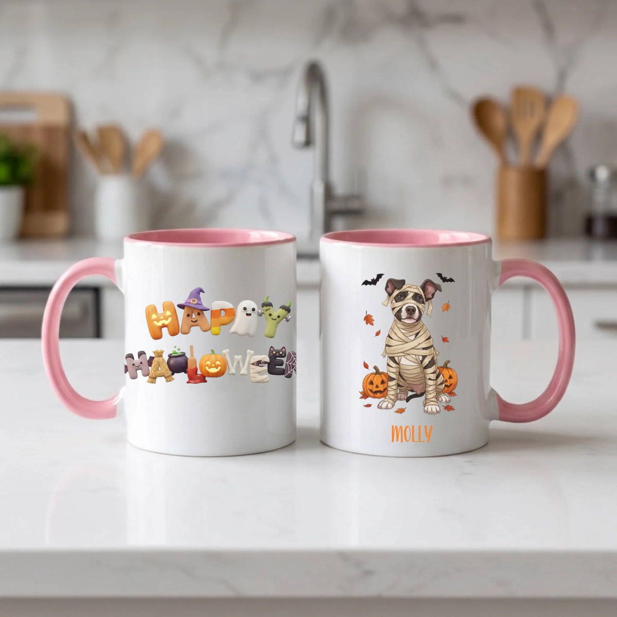 Pink handle Halloween mugs: Happy Halloween design and personalized mummy dog mug, on a marble counter