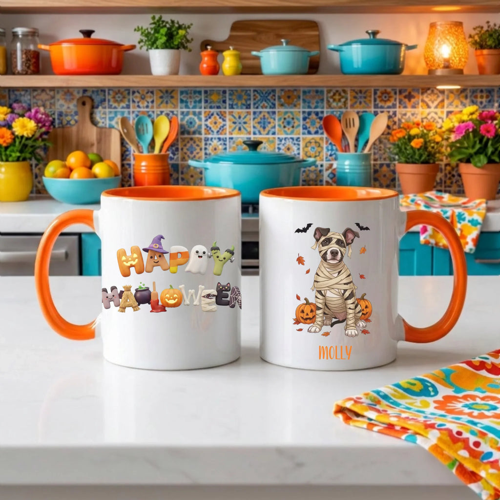 Orange handle Halloween mugs: Happy Halloween design and personalized mummy dog mug, in a colorful kitchen