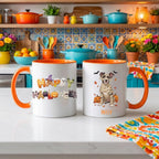 Orange handle Halloween mugs: Happy Halloween design and personalized mummy dog mug, in a colorful kitchen