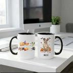 Black handle Halloween mugs: Happy Halloween design and personalized mummy dog mug, on a home office desk