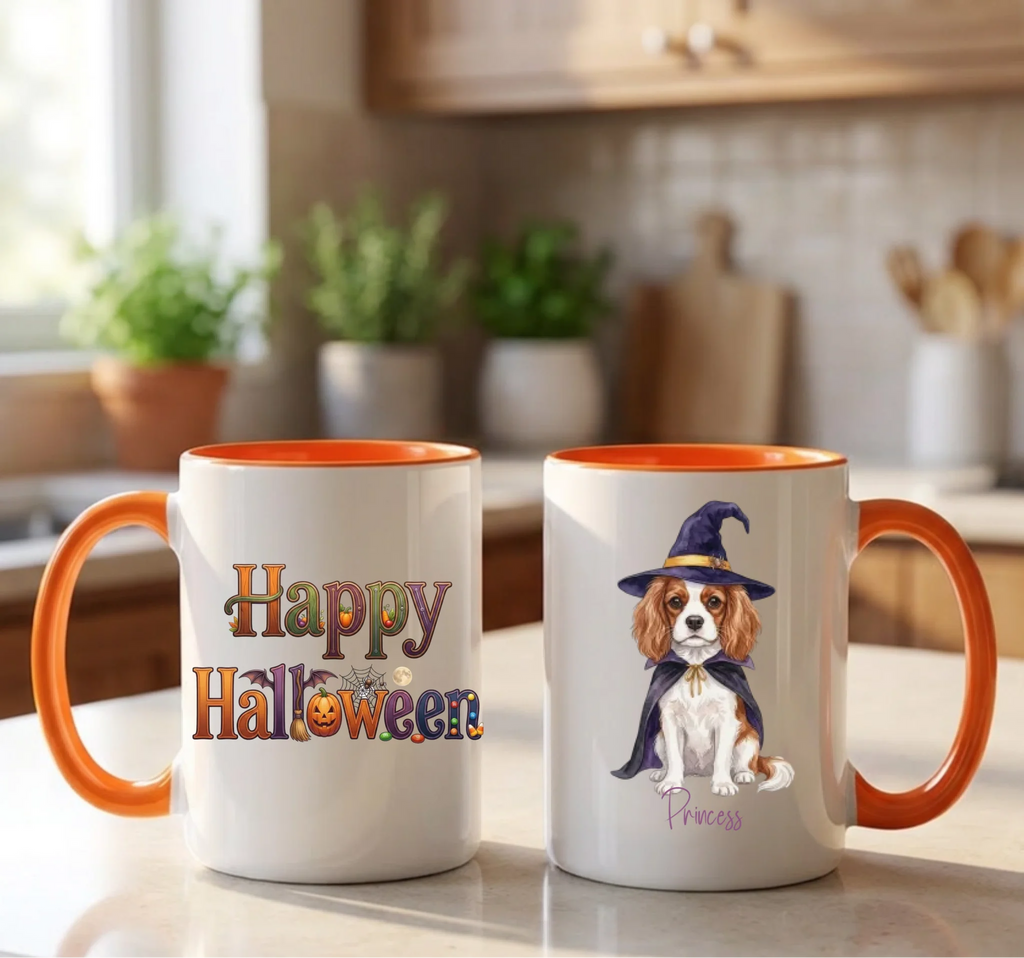 Orange handle Halloween mugs: Happy Halloween design and personalized witch dog mug, in a warm wood kitchen