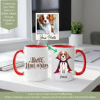 Custom Halloween coffee mug made from your pet's photo: vampire Cavalier, red handle, five name colors