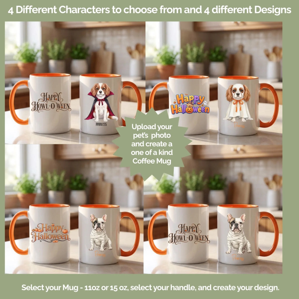 Four Halloween mug designs including Happy Halloween and Happy Howl-O-Ween, 11 oz or 15 oz with handle choices