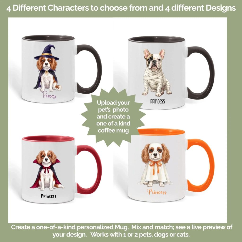Four dog costume choices on personalized Halloween coffee mugs: witch, vampire, ghost and mummy designs
