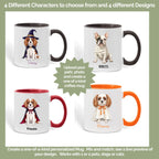 Four dog costume choices on personalized Halloween coffee mugs: witch, vampire, ghost and mummy designs