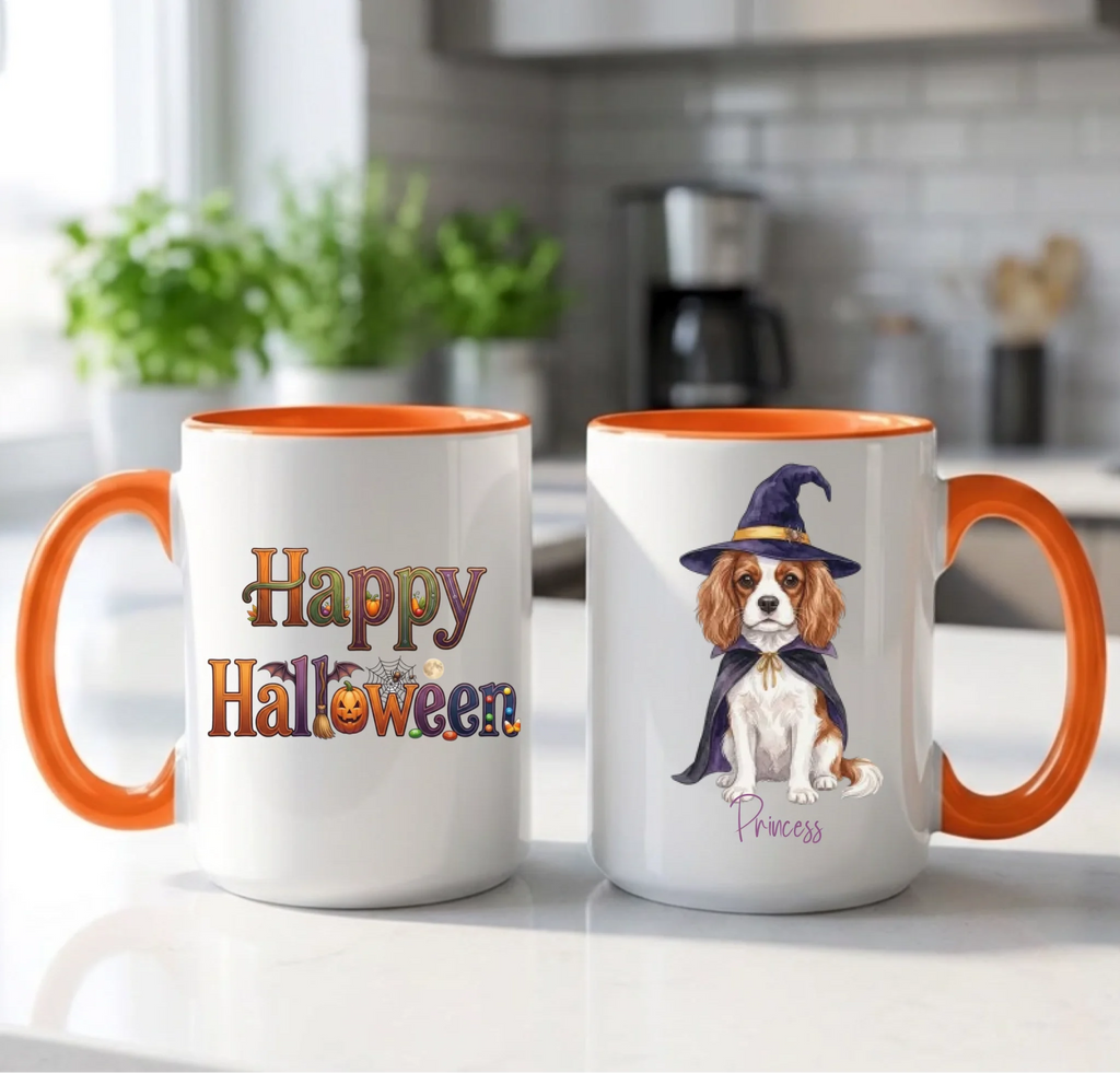 Orange handle Halloween mugs: Happy Halloween design and personalized witch dog mug, in a bright kitchen