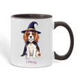 Personalized witch dog Halloween color accent mug with black handle and custom pet name