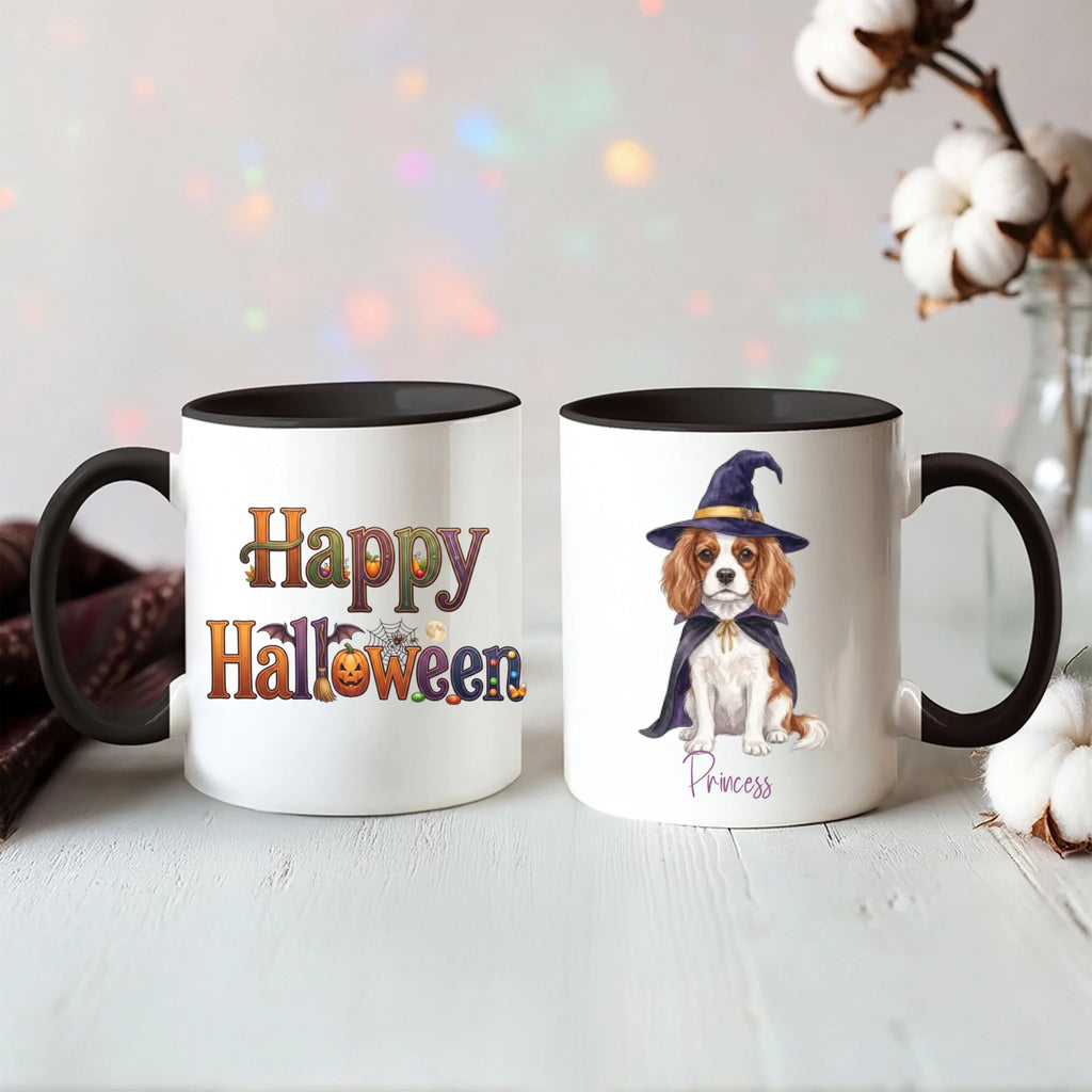Black handle Halloween mugs: Happy Halloween design and personalized witch dog mug, styled with cotton stems