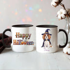 Black handle Halloween mugs: Happy Halloween design and personalized witch dog mug, styled with cotton stems